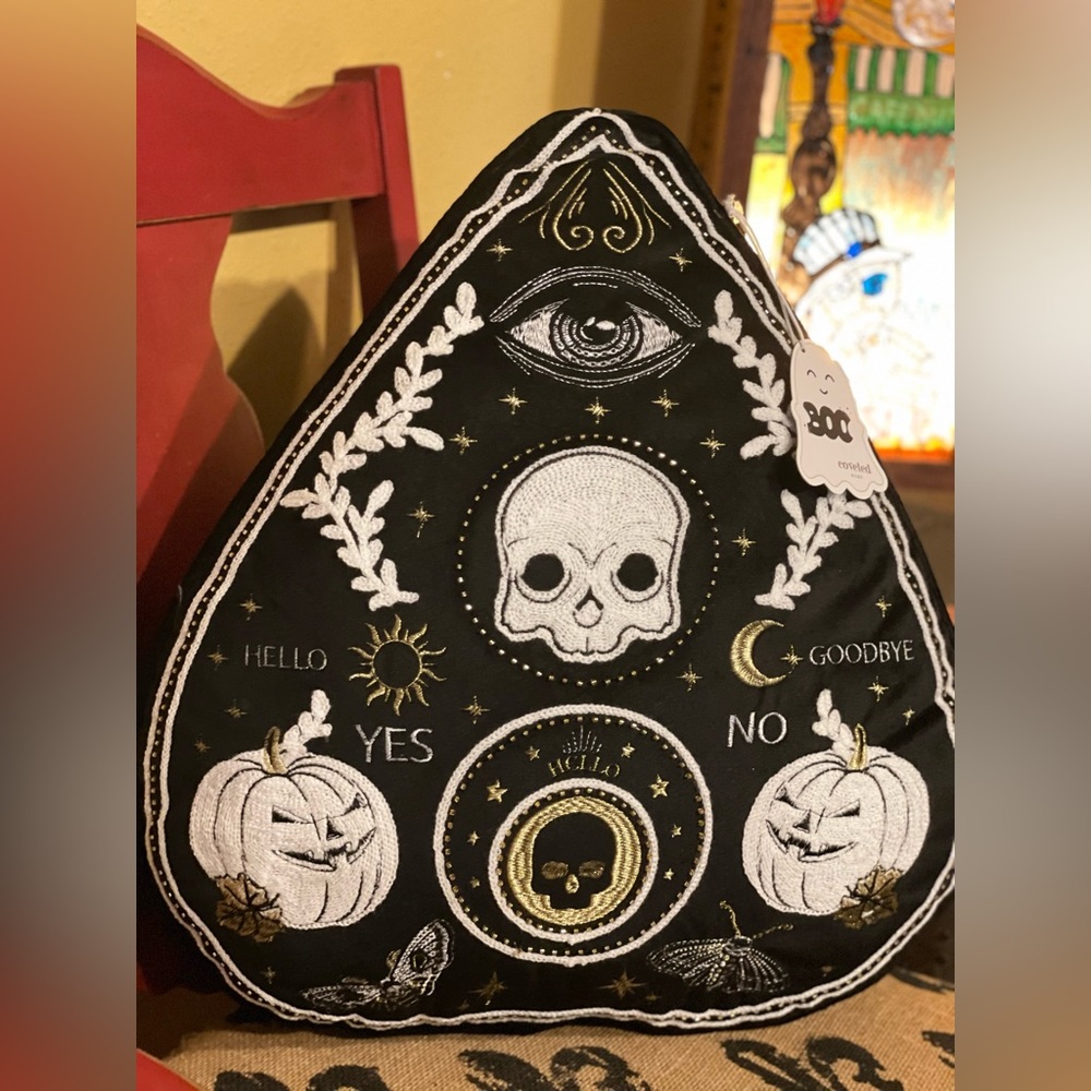 BOO COVETED HOME NWT Ouija Skull Celestial Moth  Black Pillow Beads & Embroidery